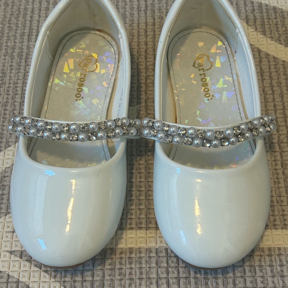 White Girl Shoes with Pearl and Rhinestone Strap